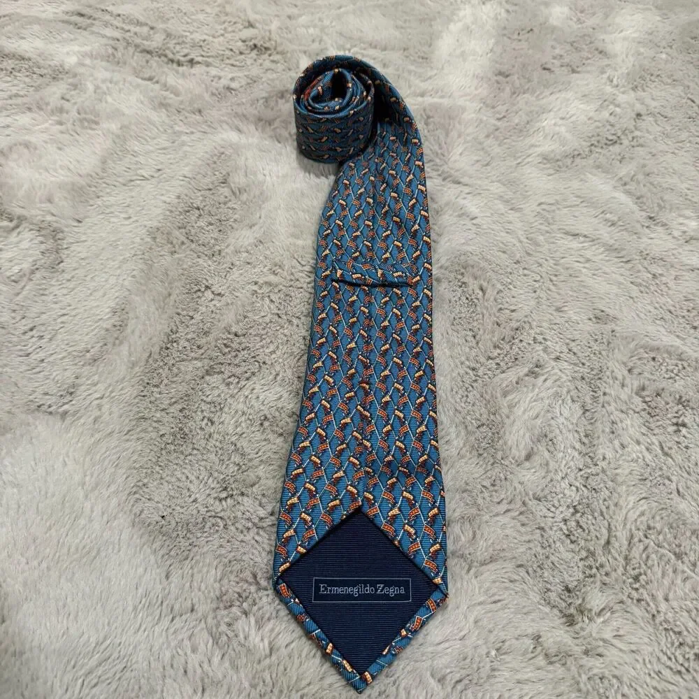 Ermenegildo Zegna‎ Made in Italy Silk Tie Blue with Polo Mallet Pattern Designer